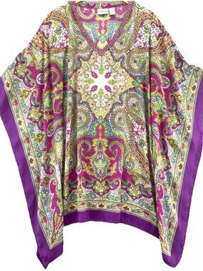 Chicos beaded neck Scarf poncho Blouse Sz S/M Oversized Vibrant Colorful boho